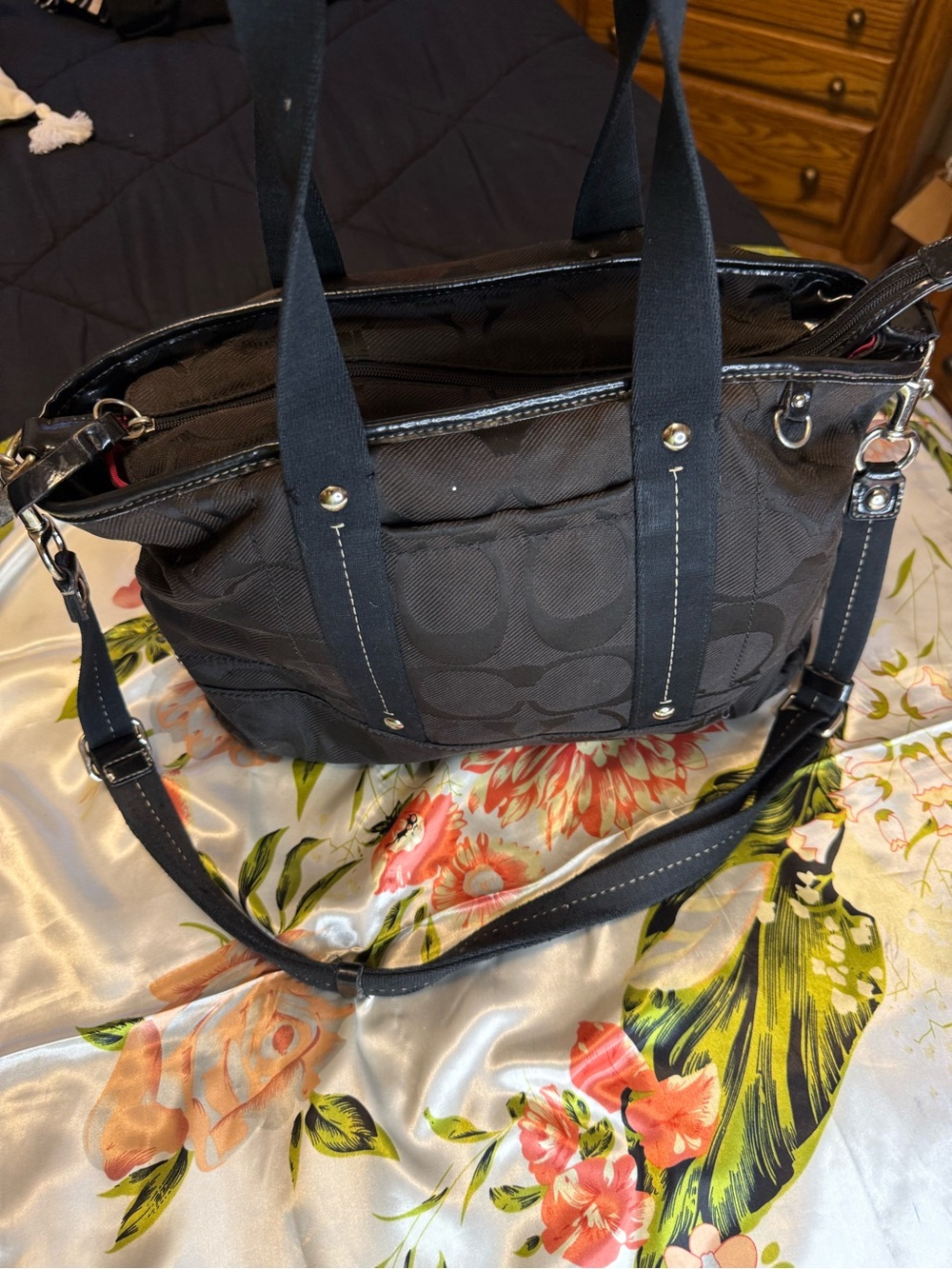 Coach Signature Jacquard Satchel / Crossbody Bag – Black with Pink Interior